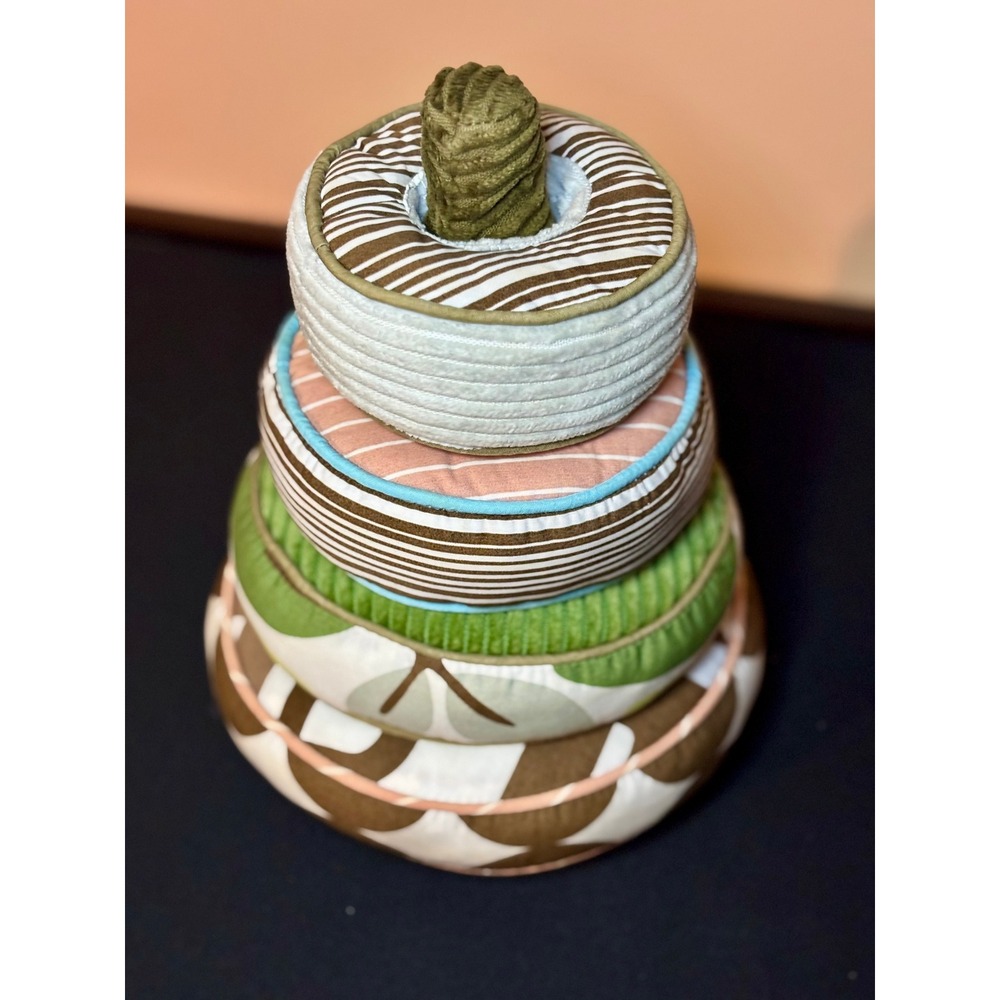 Plush Stacking Rings Baby Toy Soft Fabric Sensory Rattle Green Brown Tan 9 Inch